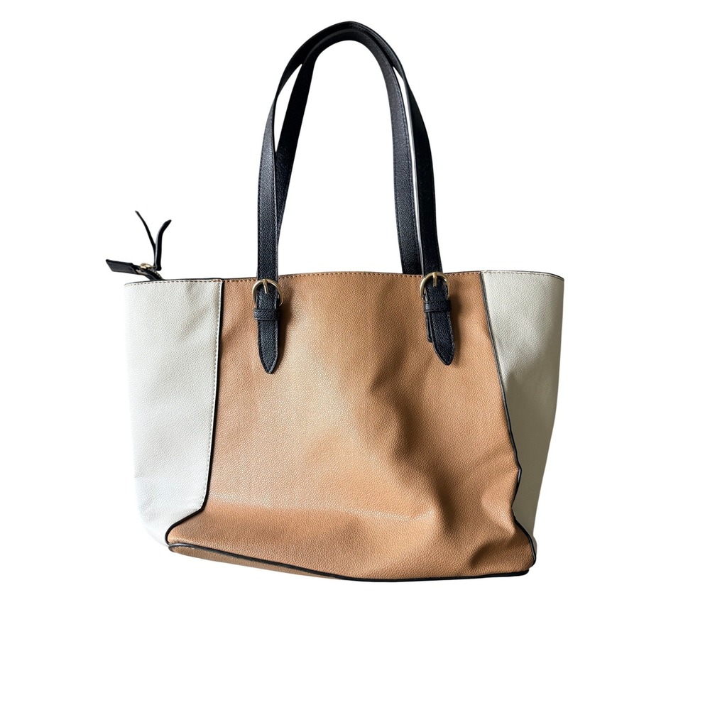Nine West Tri-Tone Colorblock Tote Bag Tan Cream Black Gold Tone Zip Top Handbag - Picture 2 of 4